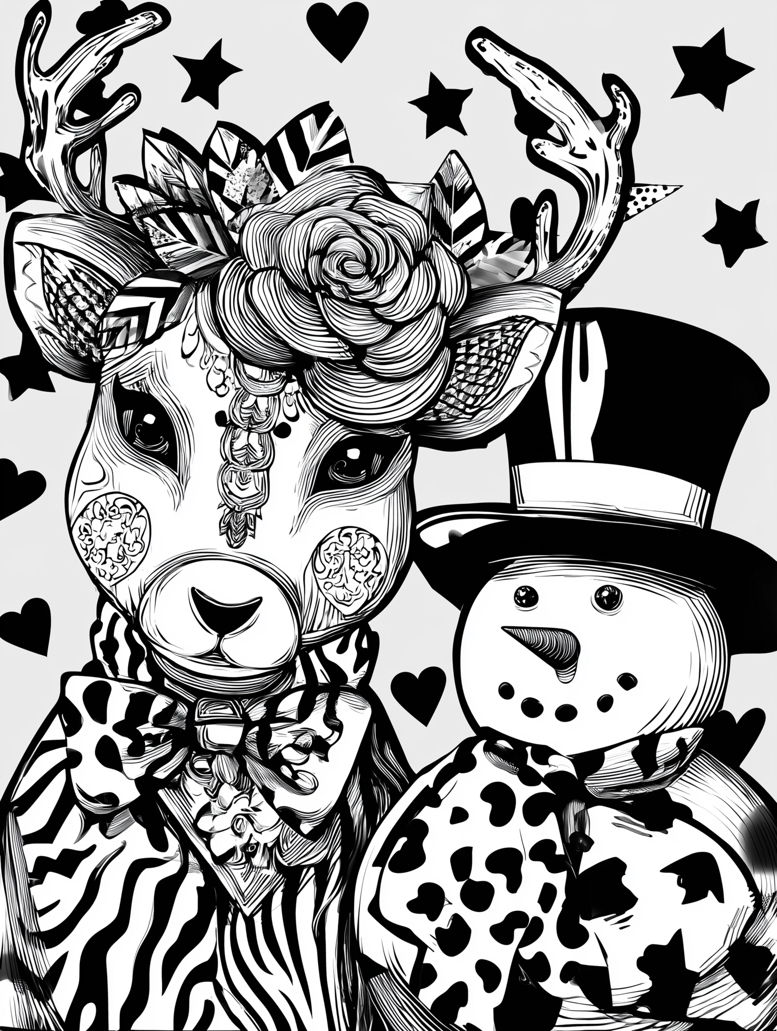 Free printable reindeer coloring page for adults featuring a snowman in a tophat with a reindeer